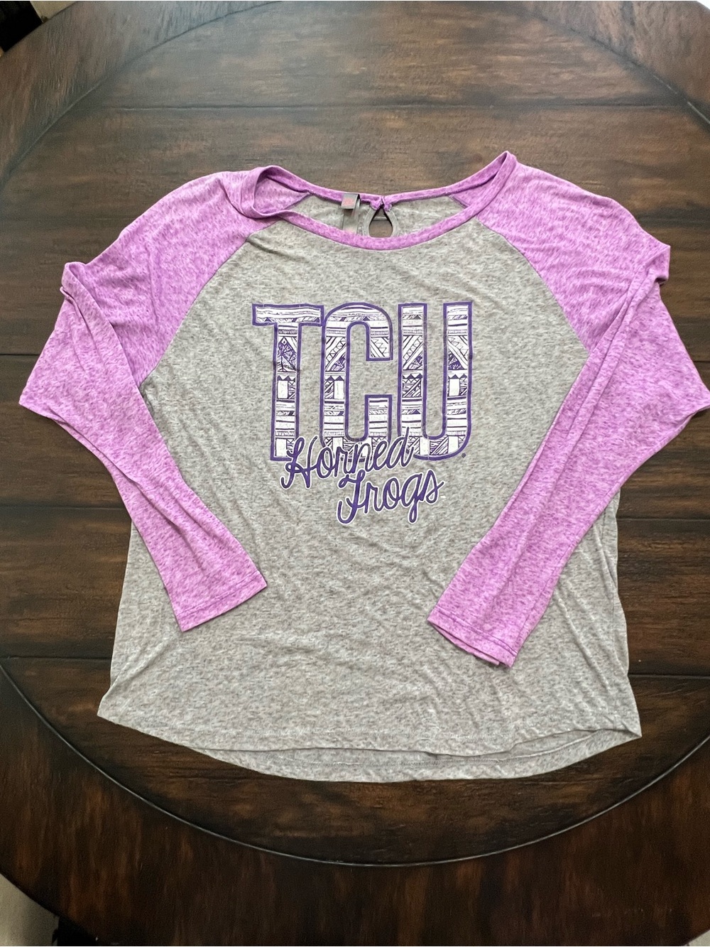 TCU Horned Frogs Purple & Gray Raglan Long Sleeve Women's Top Size Large